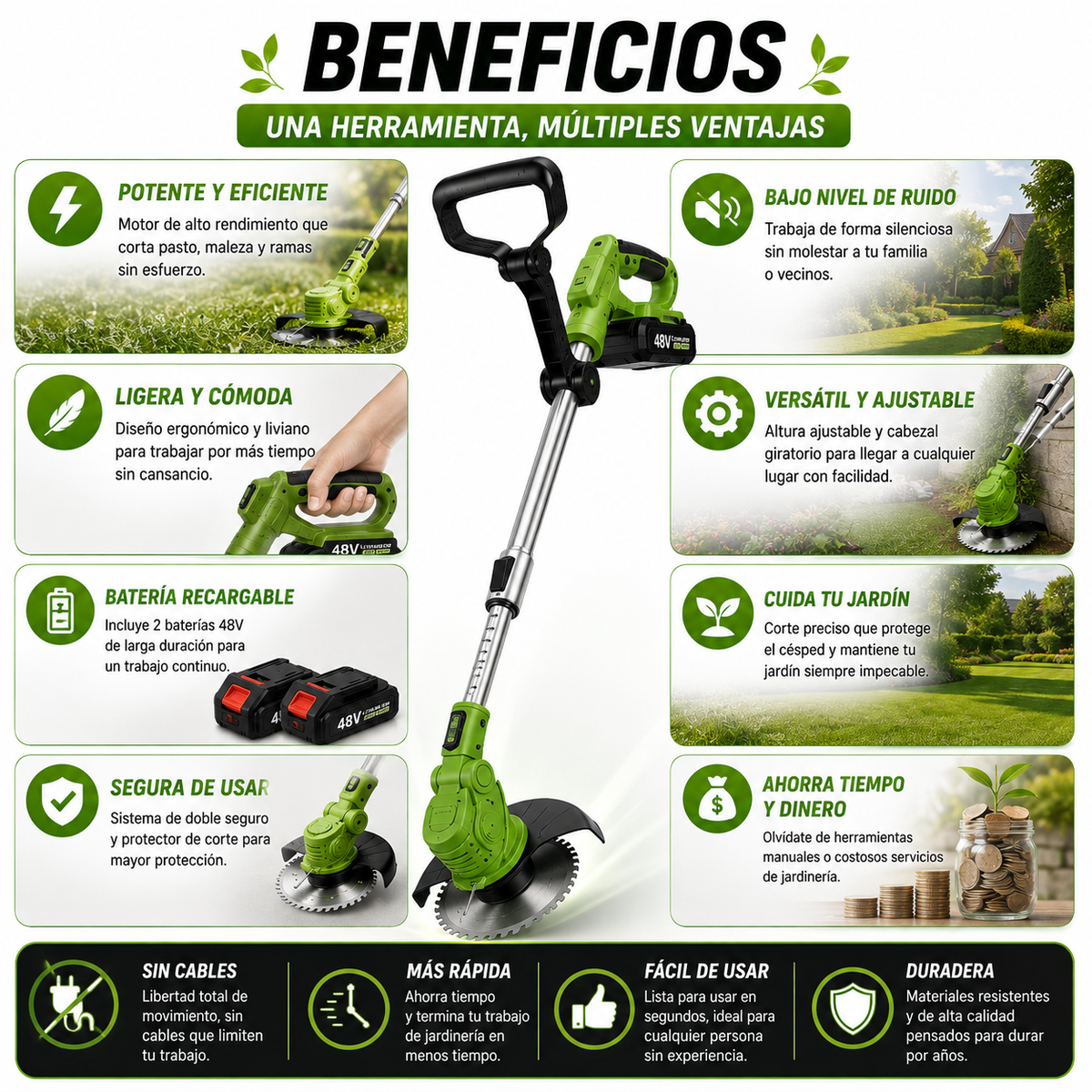 CortaPro 48V™ – Tu jardín limpio y ordenado en mucho menos tiempo.