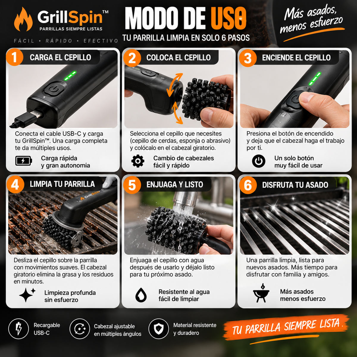 GrillSpin™ – Elimina la grasa y residuos sin pasar horas refregando.