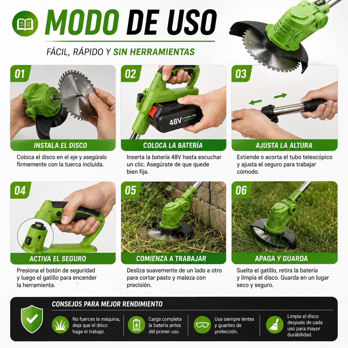 CortaPro 48V™ – Tu jardín limpio y ordenado en mucho menos tiempo.
