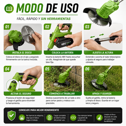 CortaPro 48V™ – Tu jardín limpio y ordenado en mucho menos tiempo.