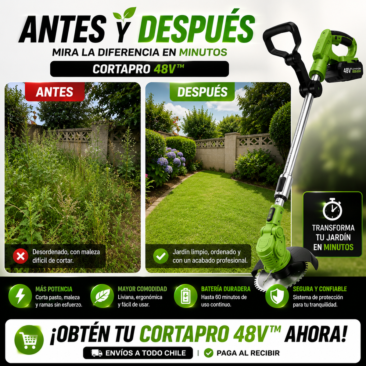 CortaPro 48V™ – Tu jardín limpio y ordenado en mucho menos tiempo.