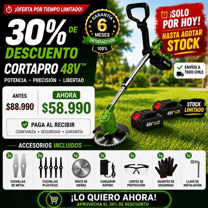 CortaPro 48V™ – Tu jardín limpio y ordenado en mucho menos tiempo.