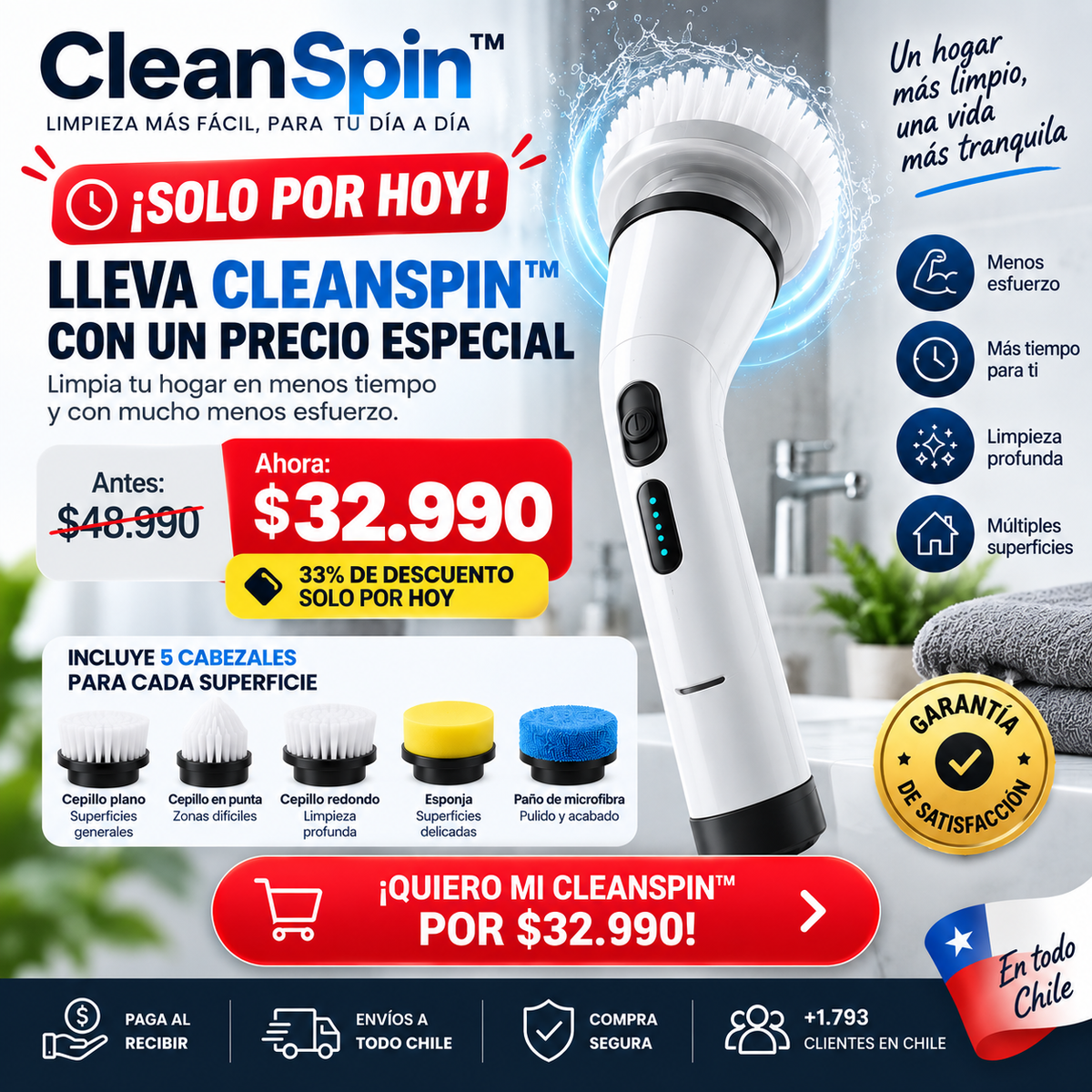 CleanSpin™ – Limpia la suciedad difícil con mucho menos esfuerzo al refregar