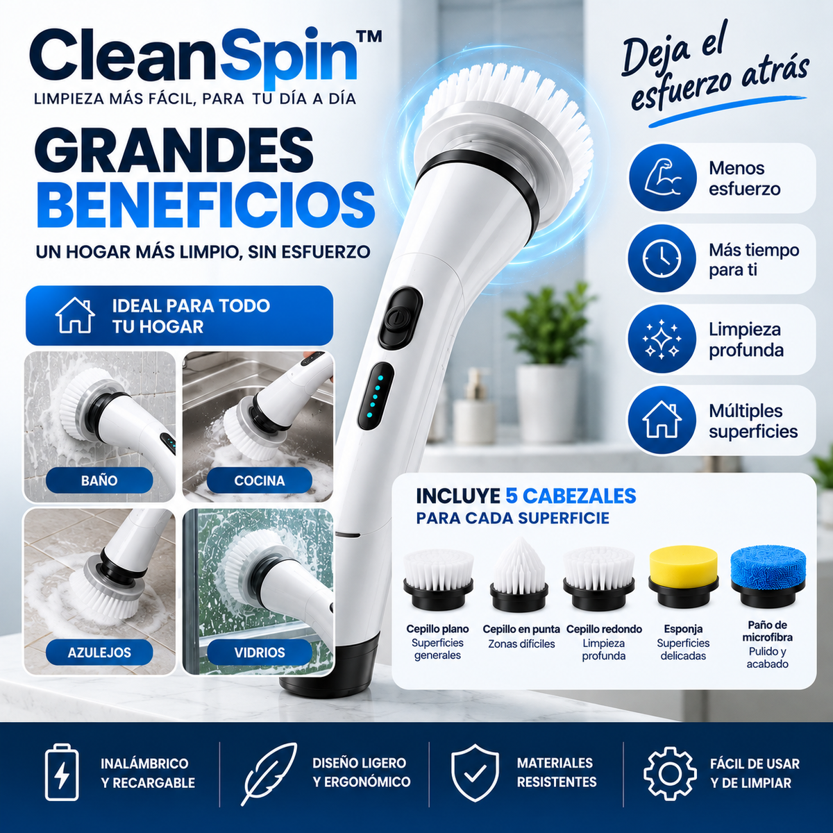 CleanSpin™ – Limpia la suciedad difícil con mucho menos esfuerzo al refregar