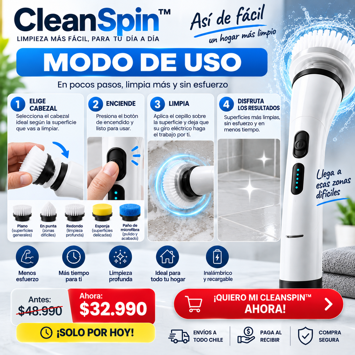 CleanSpin™ – Limpia la suciedad difícil con mucho menos esfuerzo al refregar