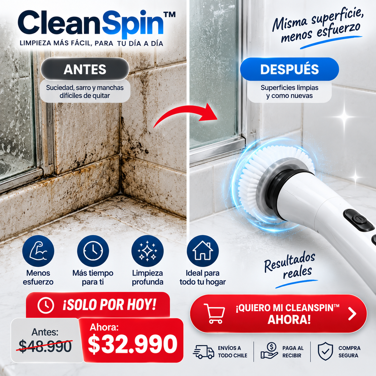 CleanSpin™ – Limpia la suciedad difícil con mucho menos esfuerzo al refregar