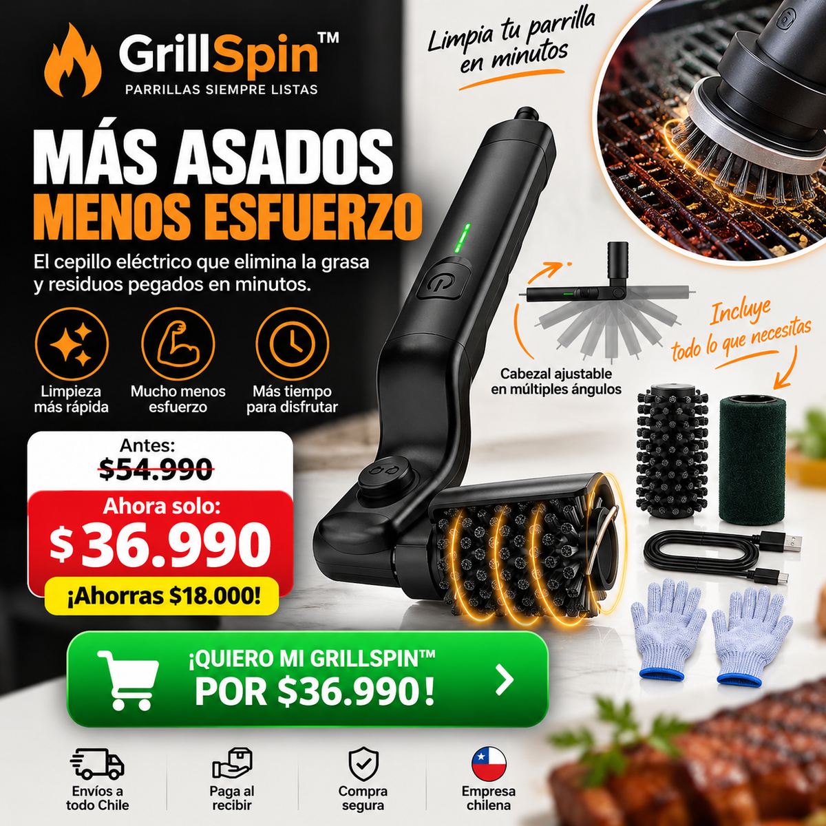 GrillSpin™ – Elimina la grasa y residuos sin pasar horas refregando.