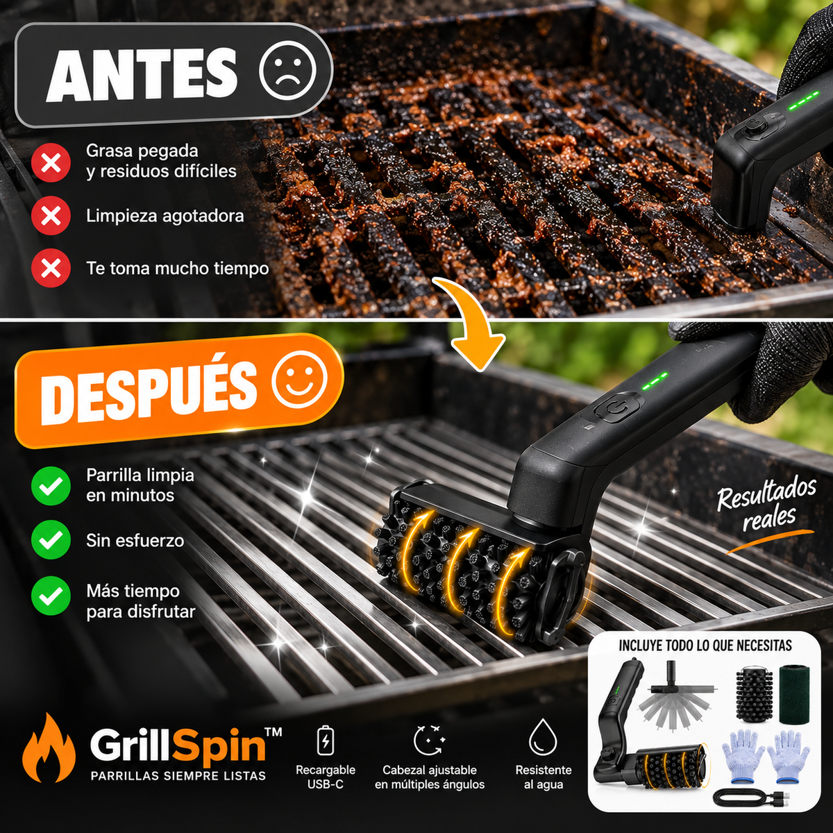 GrillSpin™ – Elimina la grasa y residuos sin pasar horas refregando.